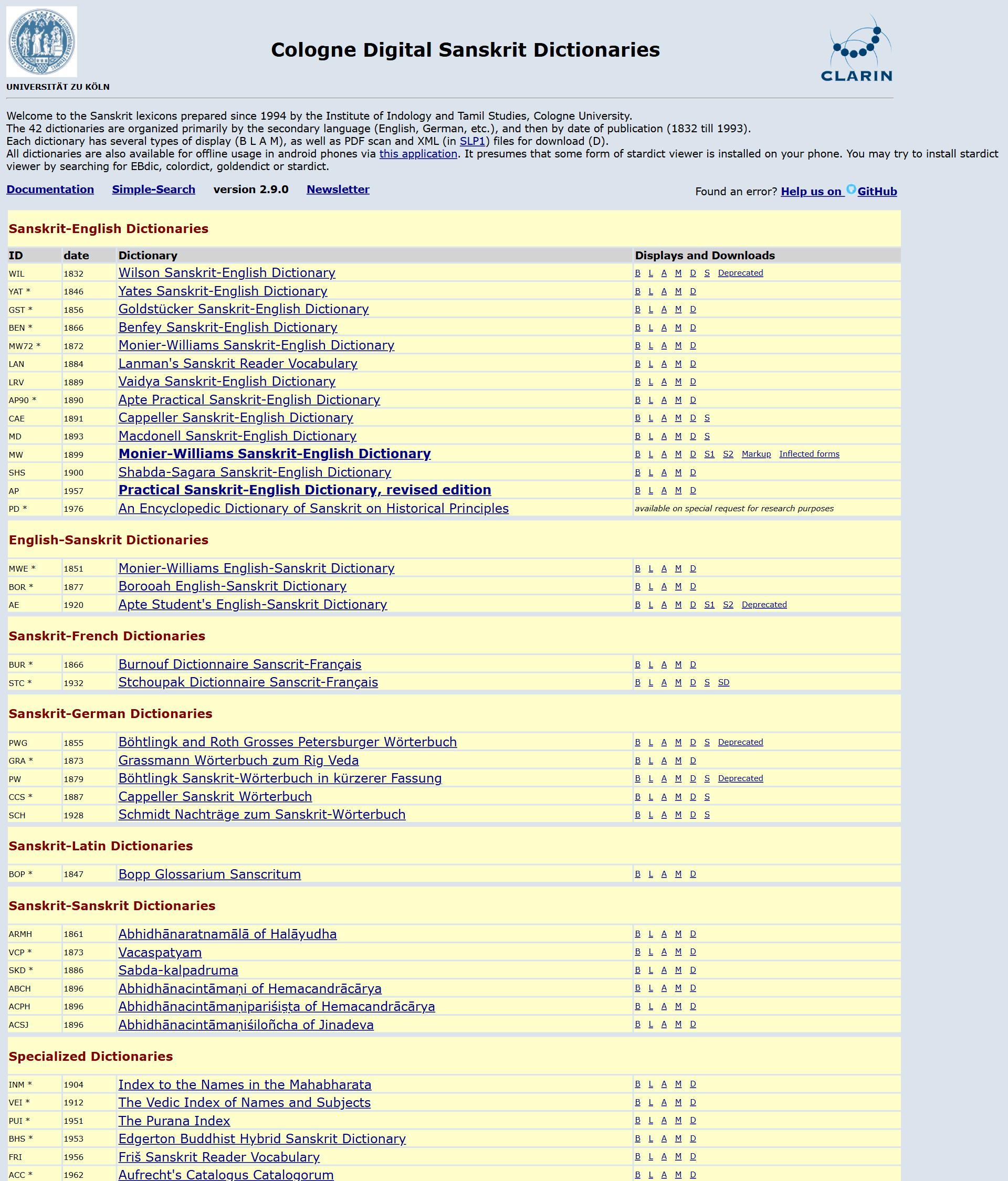 The CDSL front page: dictionaries grouped by language pair (Sanskrit-English, English-Sanskrit, …), each row showing its code, date, title, and the B L A M D S link strip