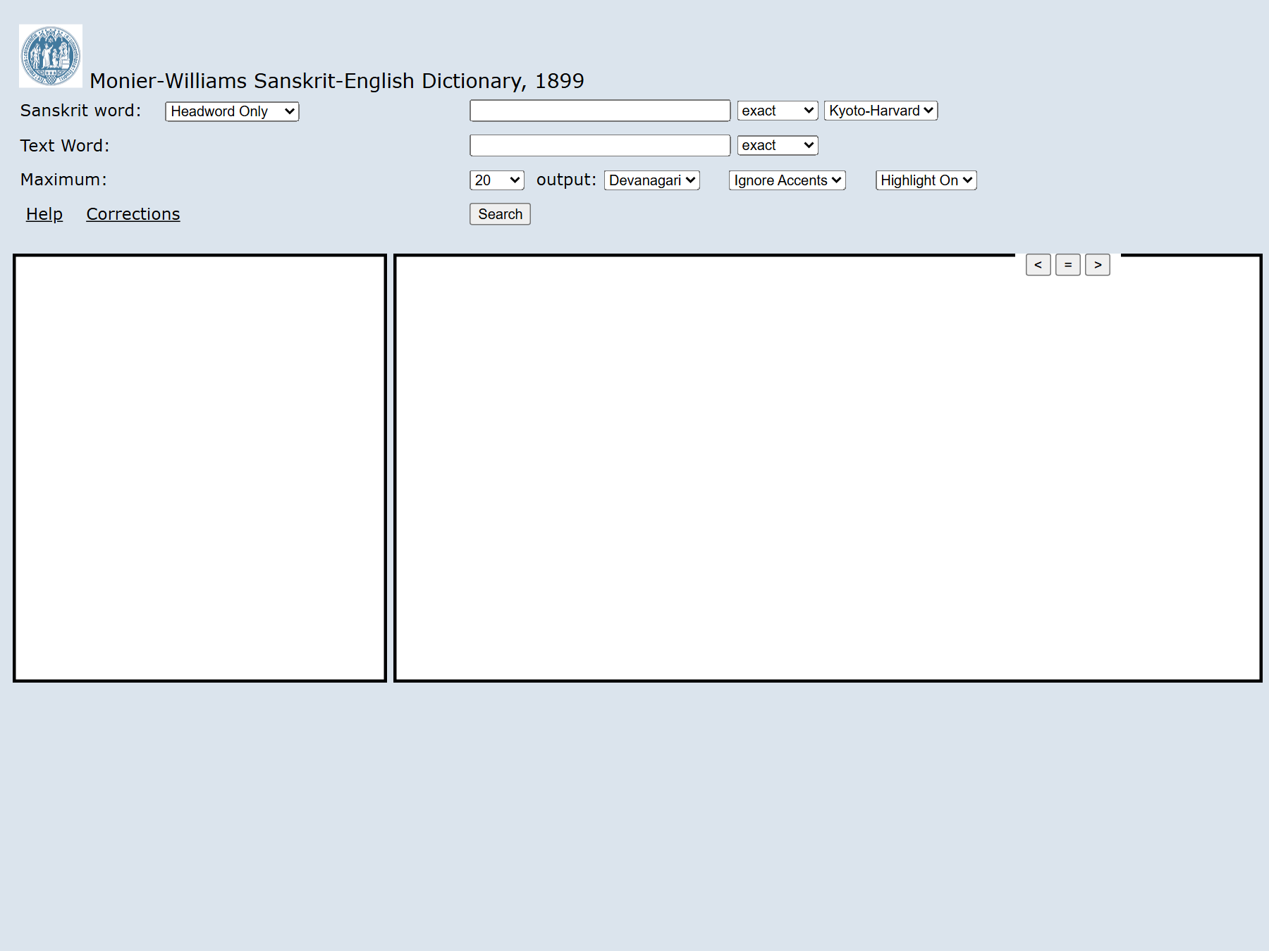 MW Advanced search form: Sanskrit word / Text Word fields, exact/match modes, output scheme, maximum results