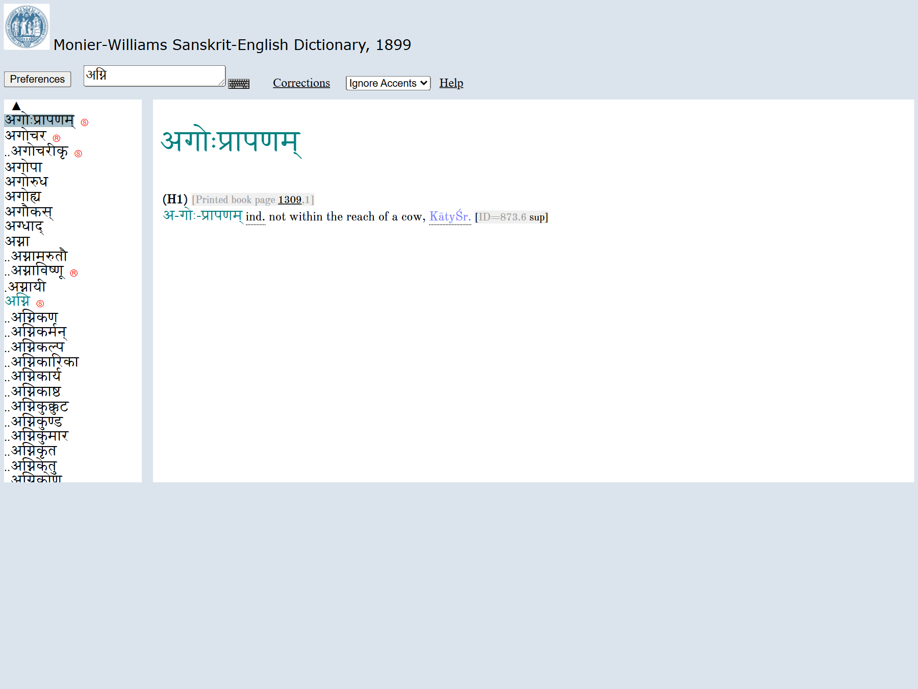 MW List display — two-pane browse interface with headword index and entry panes